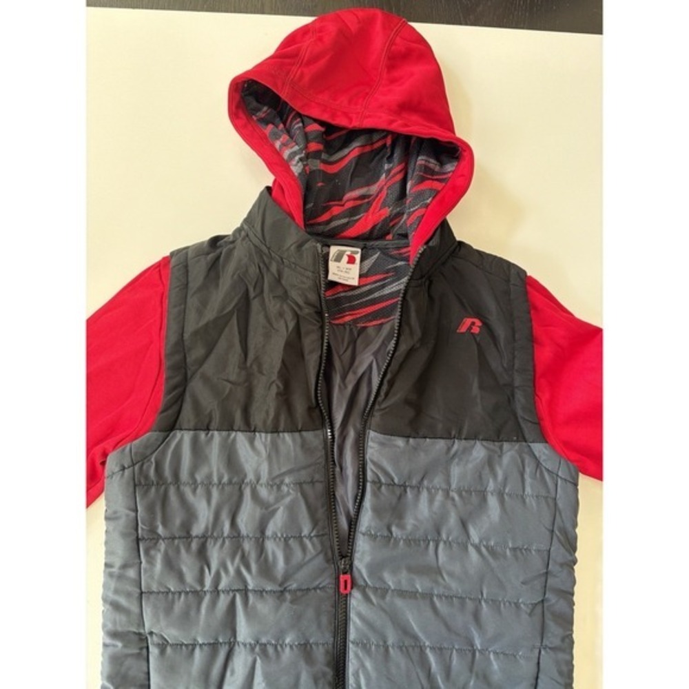 Russell Athletic Boys XL 14–16 Hooded Puffer Vest Jacket Red Gray Black Zip 3911